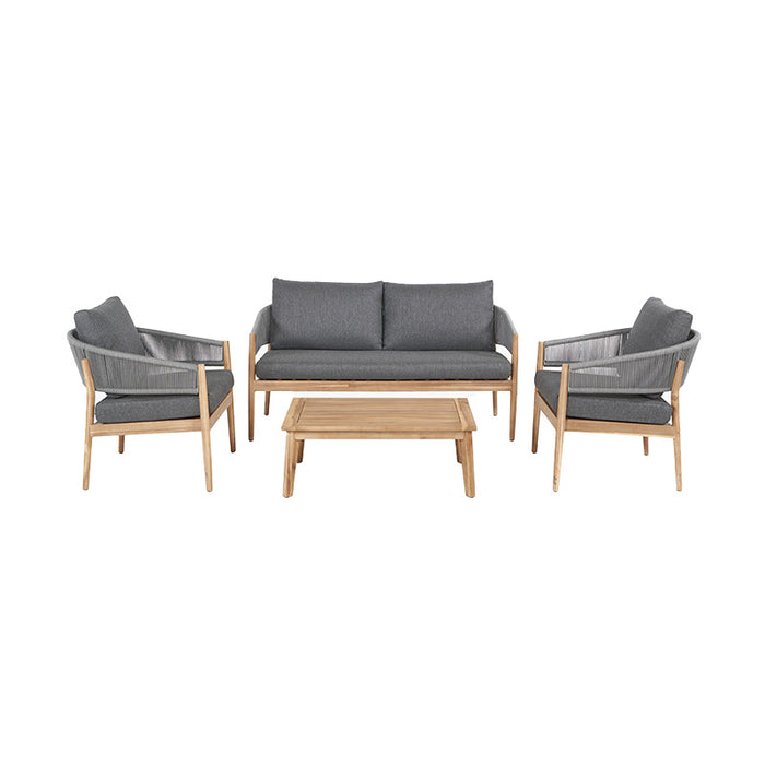 Denver Outdoor Seating Set featuring a sleek two-seater sofa, two matching armchairs, and a rectangular acacia wood coffee table. The set is crafted with a Light Teak Acacia Wood frame and upholstered with Dark Grey Large Weave Olefin cushions, offering a stylish and comfortable outdoor furniture solution.