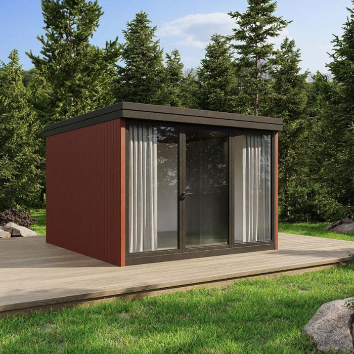 Minimalist Estholz Garden House OLIVER on a timber platform, surrounded by lush greenery and tall evergreen trees.