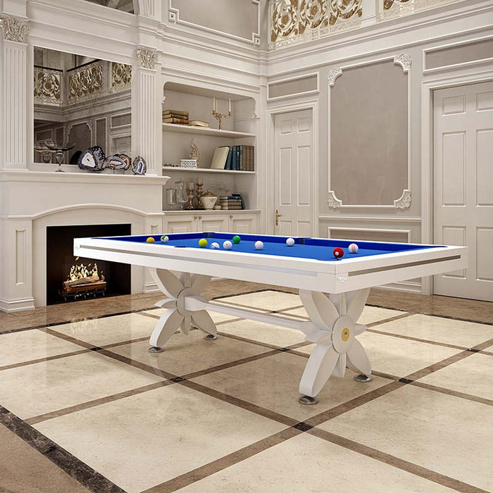 Etrusco Narciso pool table with white frame, blue cloth and sculptural floral-style base, set in an ornate, high-ceiling interior.