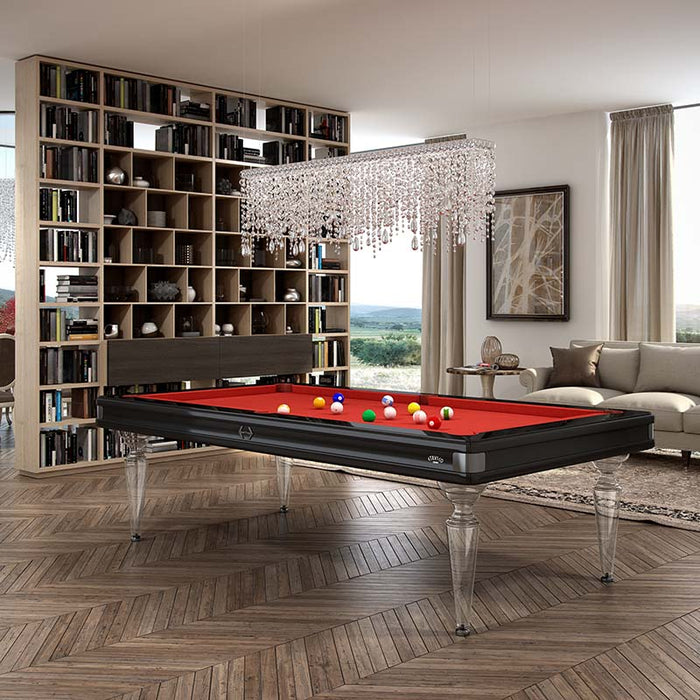 Modern Etrusco Smile pool table in black with red felt and transparent legs, placed in a refined library-inspired living room.