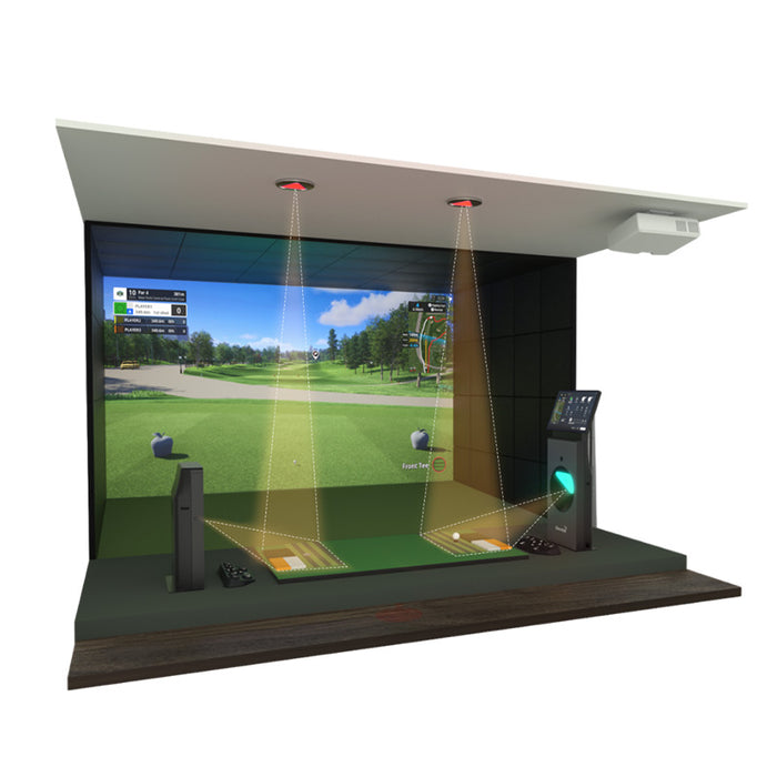 A complete Golfzon TwoVision NX Simulator setup, showcasing high-speed overhead sensors, Auto Tee-Up System, and realistic course rendering, delivering a true-to-life indoor golf experience.