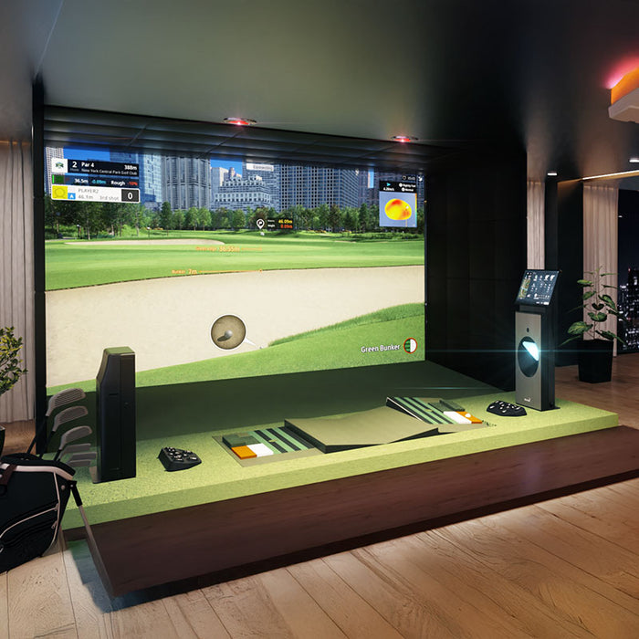 A fully integrated Golfzon TwoVision NX Simulator installed in a modern indoor space, featuring high-definition course visuals, Motion Plate, and real-time shot tracking for an immersive golf experience.