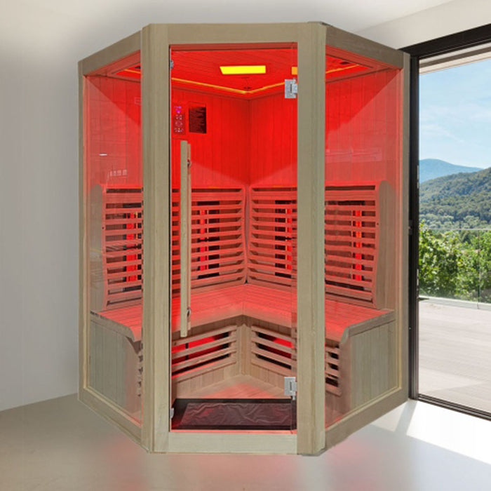 The Insignia KY006 Infrared Indoor Sauna in a serene beachside home setting, showcasing its elegant design, spacious interior, and soothing LED Chromotherapy lighting.