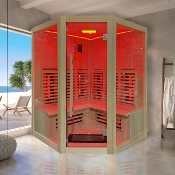 The Insignia KY007 Infrared Indoor Sauna 1500x1500 placed in a luxurious indoor setting, featuring spacious seating and premium infrared panels for a relaxing sauna experience.