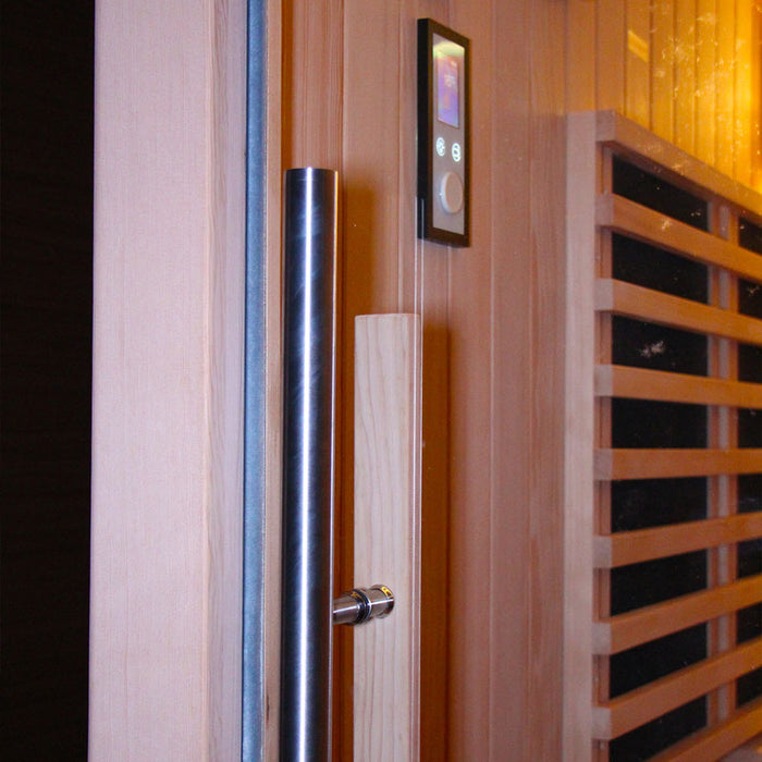 Elegant stainless steel handle on the glass door of the Insignia Outdoor Hybrid Infrared Sauna 2000 x 2000mm, designed for durability and style.