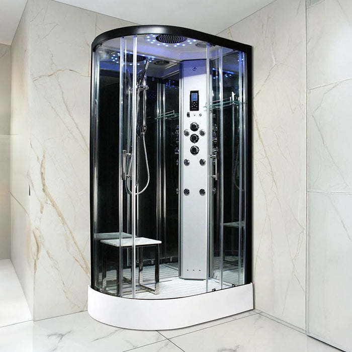 Black-framed Insignia Platinum Offset Steam Shower 1200 x 800 RH with glass panels and rainfall shower in a contemporary setting