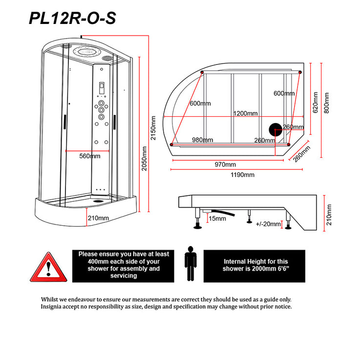 Technical schematic of Insignia Platinum Offset Steam Shower 1200 x 800 RH showing dimensions and tray height details