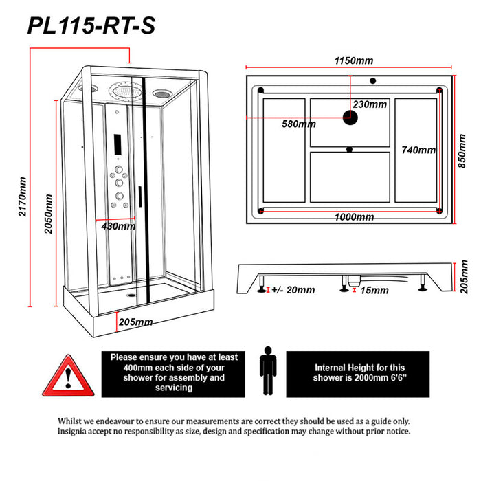 Detailed schematic layout showing the dimensions and internal measurements of the Insignia Platinum Rectangle Steam Shower 1150 x 850.