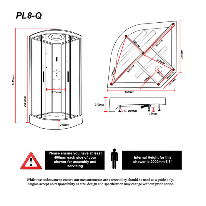 Schematic diagram detailing dimensions and corner fitting guidelines for the Insignia Platinum Steam Shower 800 x 800.