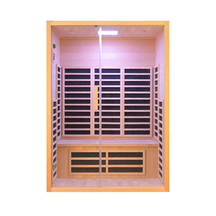 A spacious infrared sauna featuring ergonomic seating, a modern glass door, and efficient infrared heating panels.
