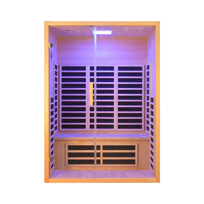 Premium infrared sauna with adjustable LED chromotherapy lighting, designed for relaxation and wellness benefits.