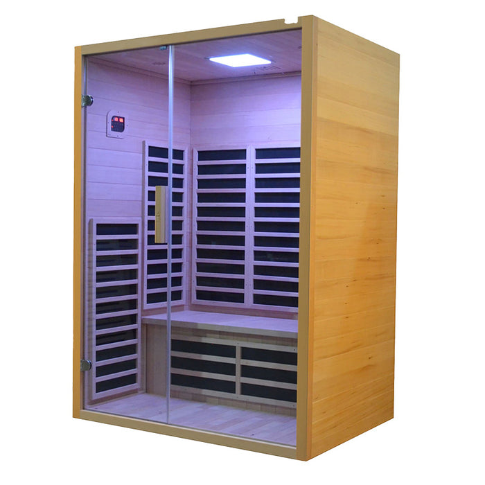 Elegant 1-2 seater infrared sauna with a natural wood finish, offering a seamless blend of luxury and functionality.