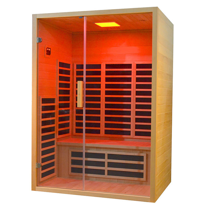 High-quality infrared sauna illuminated with therapeutic red light, enhancing deep tissue relaxation and circulation.