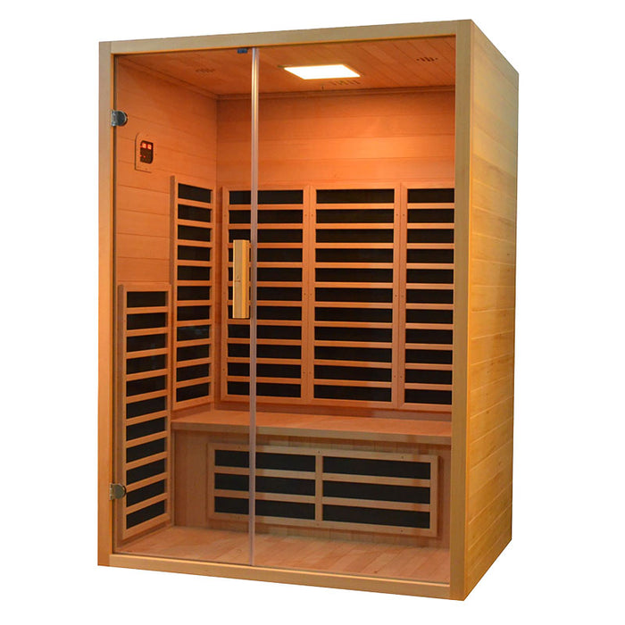 A stylish wooden sauna featuring ambient night lighting for a calming and rejuvenating wellness experience.