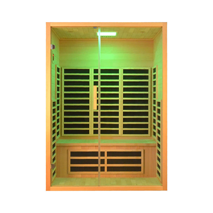 A soothing chromotherapy sauna experience with green LED lighting, promoting balance, stress relief, and a calming atmosphere.