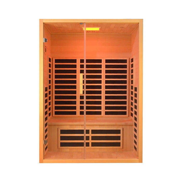 A luxurious 1-2 seater infrared sauna with a sleek glass front and premium wooden construction for ultimate relaxation.