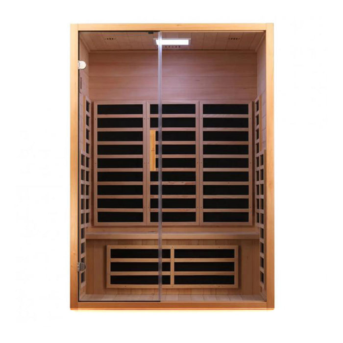 Full-frontal view of a high-end infrared sauna, designed with ergonomic seating, carbon heaters, and soft LED lighting for ultimate relaxation.