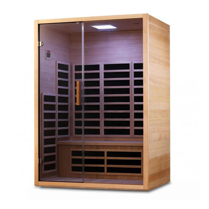 Elegant indoor infrared sauna with a spacious design, glass front panel, and advanced infrared heating for a rejuvenating spa experience.