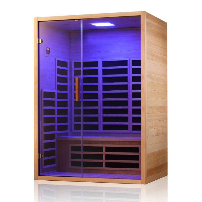 A luxury single-person infrared sauna with ambient blue chromotherapy, crafted from premium wood and featuring carbon panel heaters.