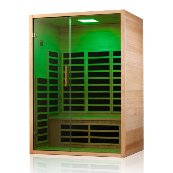 Aesthetic green chromotherapy lighting illuminating the sauna’s interior, enhancing relaxation and detoxification benefits.