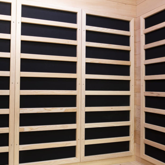 High-performance carbon fibre infrared panels line the walls for even heat distribution and deep muscle relaxation.