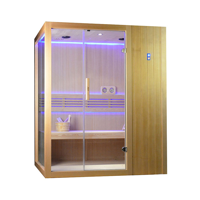 A modern indoor sauna featuring soft blue LED illumination and a full-glass enclosure for a luxurious spa experience.