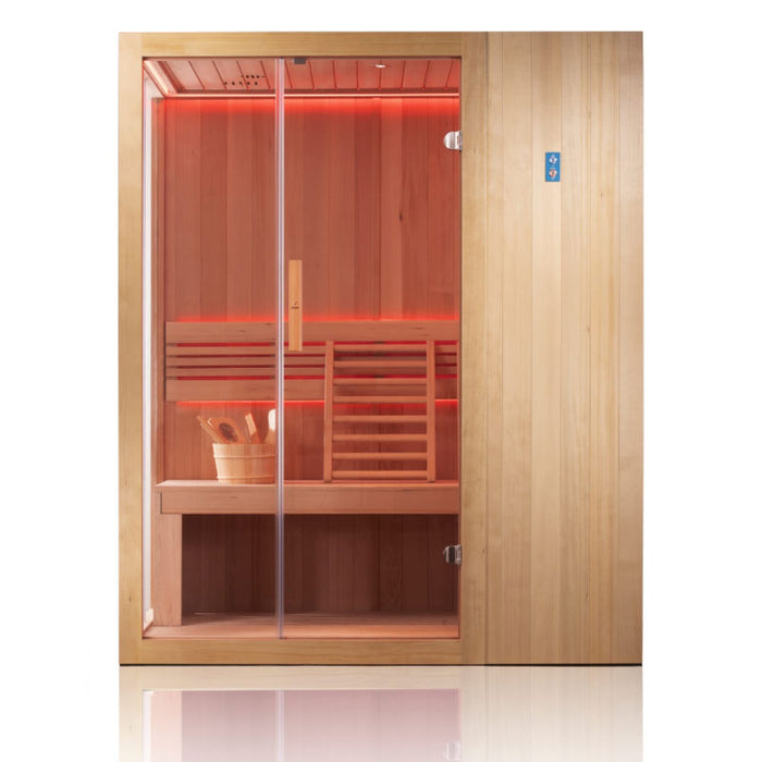 A stylish home sauna featuring premium wood, a glass door, and vibrant red LED lights for a luxurious spa experience.