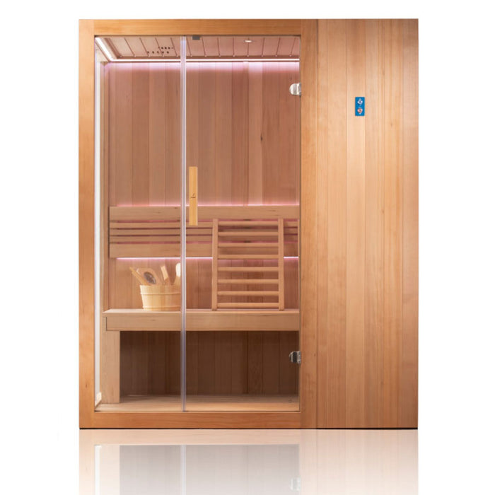 A stylish and modern sauna with a glass front, wooden interior, and warm pink LED lights to enhance relaxation and comfort.