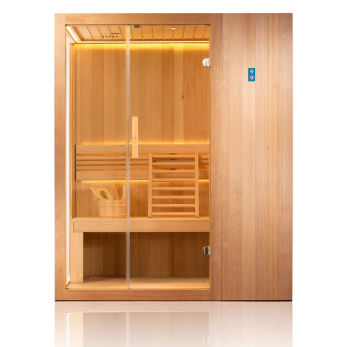 A premium indoor sauna with a glass door, ergonomic wooden seating, and soft yellow LED illumination for a luxurious and soothing spa experience.