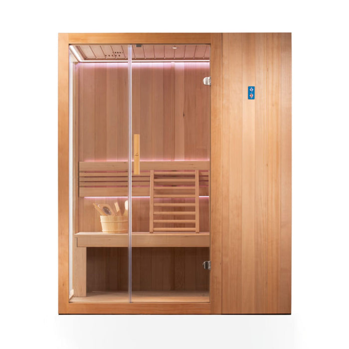 A premium infrared sauna crafted from high-quality wood, offering an immersive wellness experience with vibrant red LED lights.