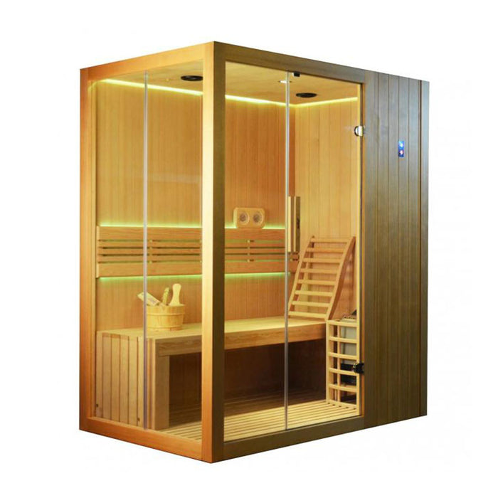 A high-end home sauna with ambient green LED lights, ergonomic wooden seating, and a spacious glass front for a modern wellness experience.