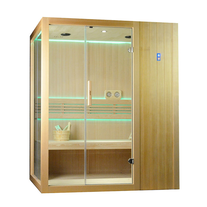 A stylish home sauna with a transparent glass front, warm wood paneling, and a sleek contemporary design.
