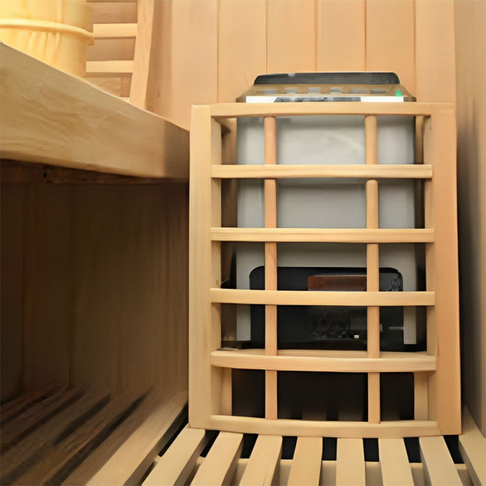A high-performance sauna heater encased in a wooden safety guard for efficient and safe heat distribution.