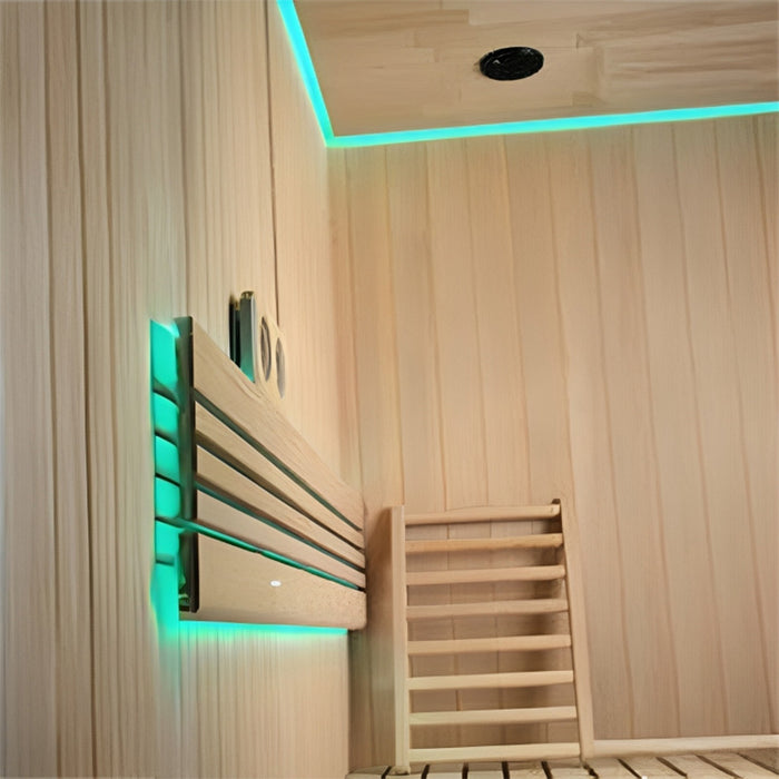A natural wooden bench with a contoured backrest, illuminated by elegant ambient LED lights.