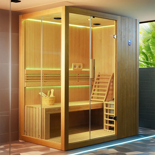 A luxurious home sauna featuring a sleek wooden design, glass enclosure, and soft LED illumination for a relaxing spa experience.