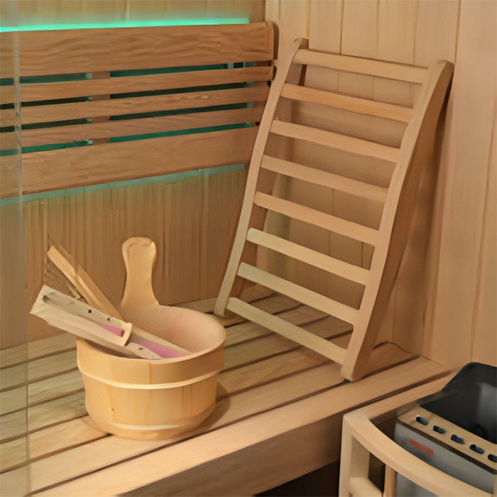 A premium indoor sauna with a contoured wooden backrest and spacious seating for enhanced comfort.