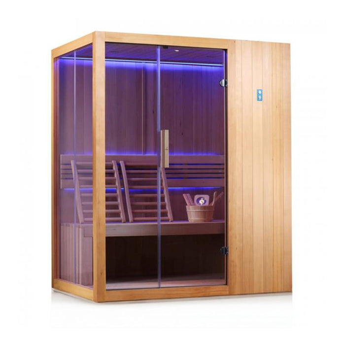 A sophisticated home sauna with a spacious interior, ergonomic wooden seating, and cool blue LED lighting for a tranquil spa-like atmosphere.