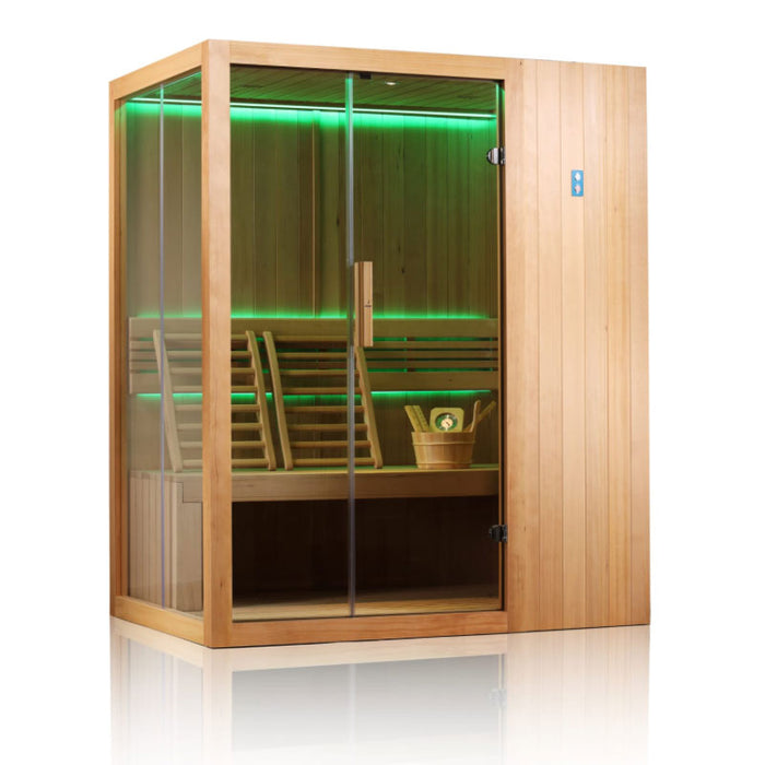 A stylish indoor sauna with a natural wooden finish, adjustable LED lighting, and ergonomic design for ultimate comfort.