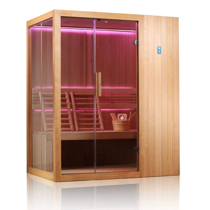 A contemporary wellness sauna featuring a transparent glass enclosure, pink LED ambiance, and wooden accessories for a spa-like atmosphere.