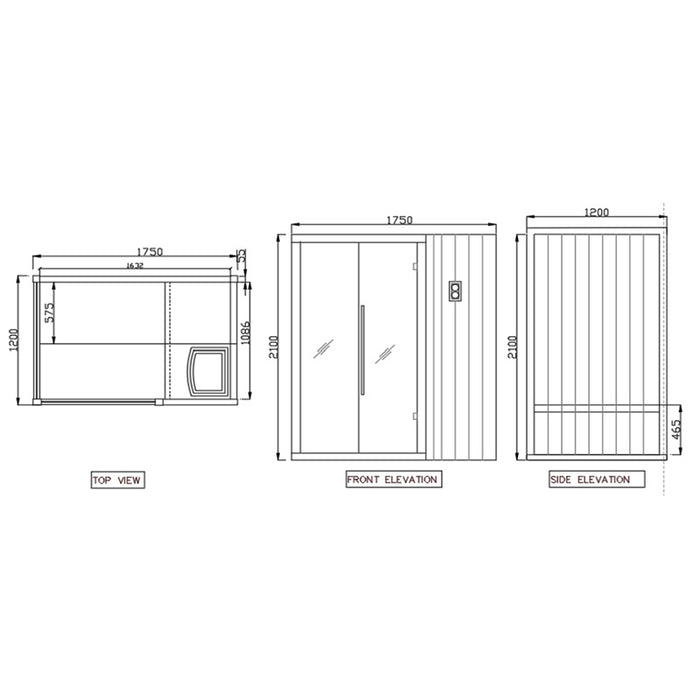 A detailed blueprint showing the front, top, and side elevations of the Kubix Sauna, including key measurements.