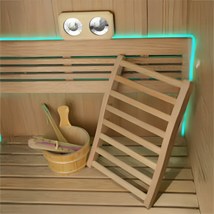 A high-end sauna interior featuring wooden sauna accessories, ergonomic seating, and soft LED illumination.