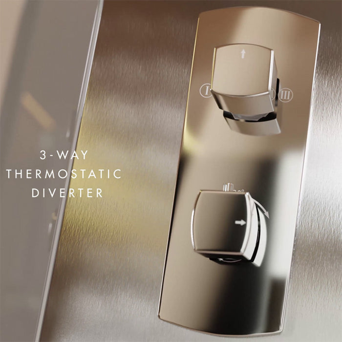 Stainless steel 3-way thermostatic diverter in Jaquar Oasis Steam Cabin offering precise water control.