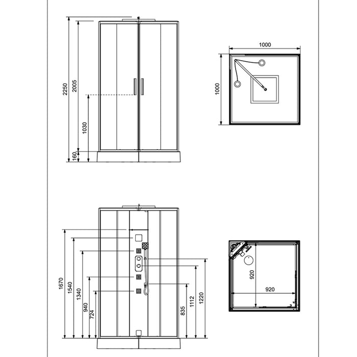 Illustrated dimensions of the 900 x 900 mm Jaquar Oasis steam cabin model with interior fitting placements.