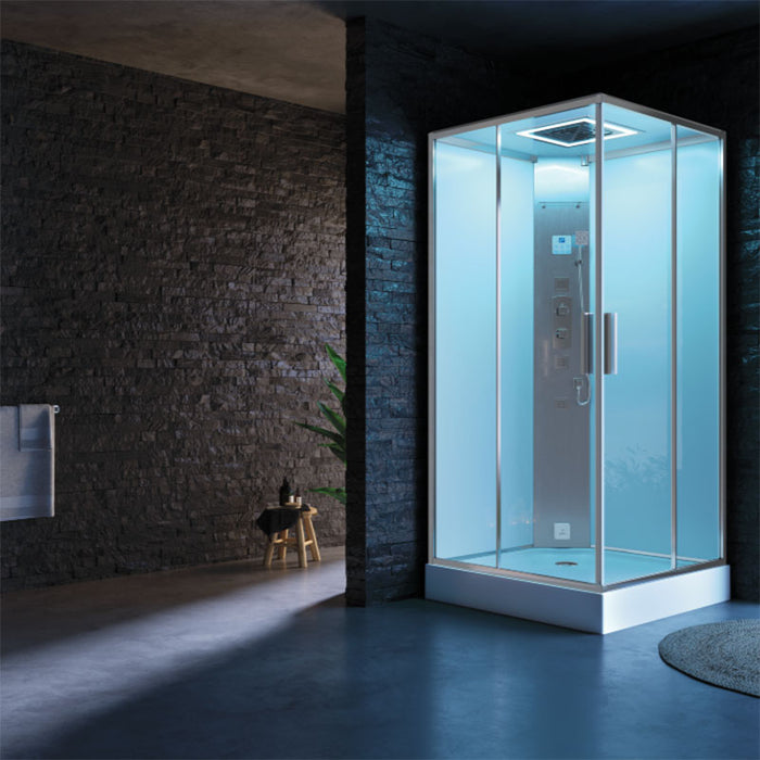 Front view of Jaquar Oasis Steam Shower Cabin in natural light showing spa-inspired interior design and chromotherapy ceiling shower.