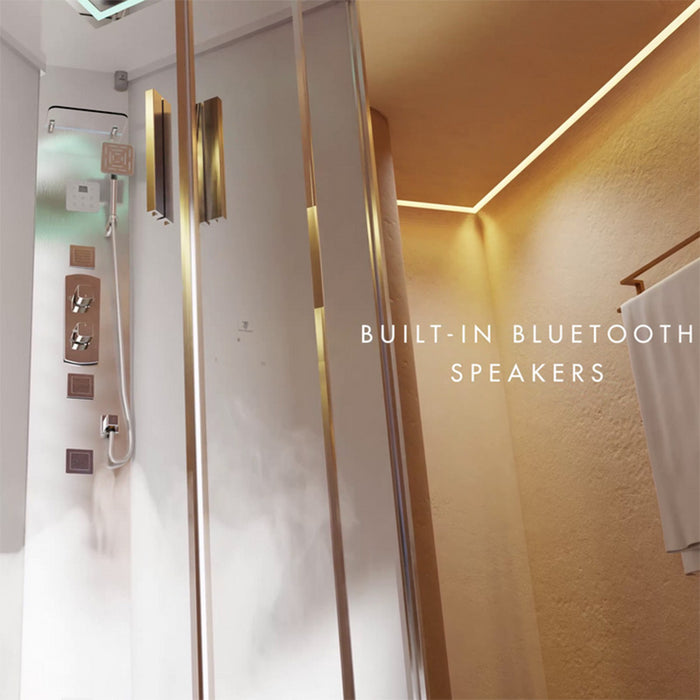 Interior of the Jaquar Oasis Steam Shower Cabin showing built-in Bluetooth speakers for immersive spa experiences.