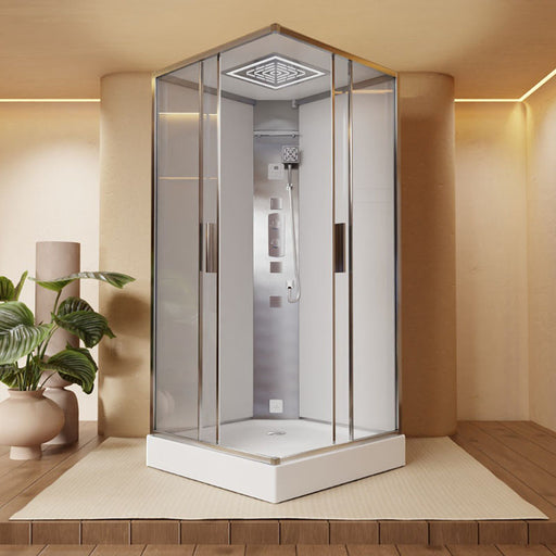 Angled view of Jaquar Oasis Steam Shower Cabin featuring glass enclosure and maze overhead shower.