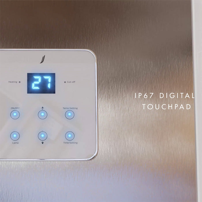 Digital IP67-rated touchpad with temperature and timer controls on Jaquar Oasis Steam Shower Cabin.