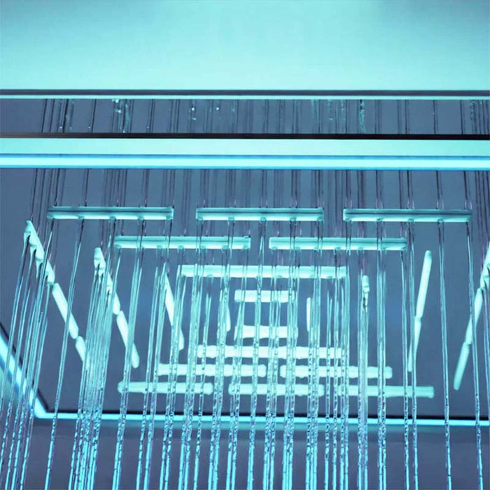 LED-lit maze overhead shower with rainfall effect in the Jaquar Oasis luxury steam shower enclosure.