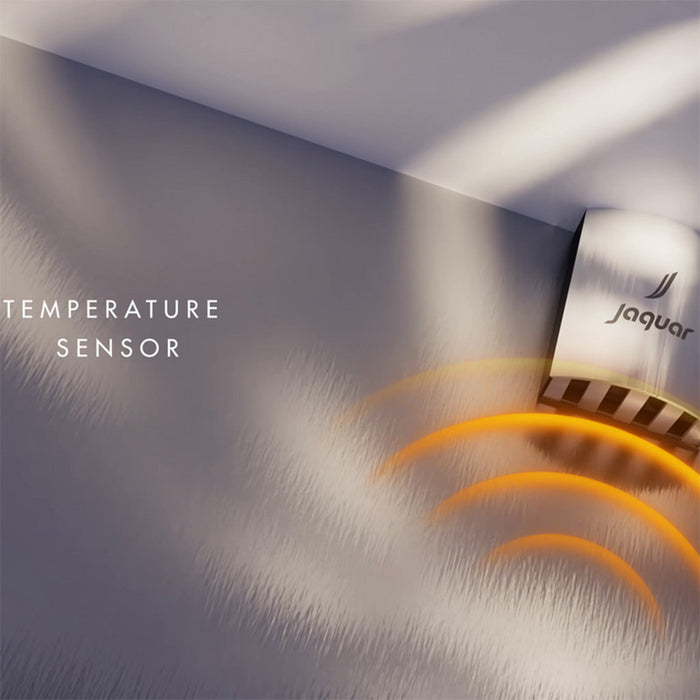 Temperature sensor detail in Jaquar Oasis Steam Shower Cabin with heat wave graphic for precision heating.