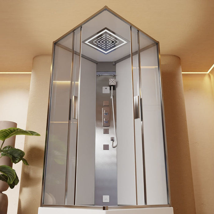 Upward view of maze overhead shower panel in Jaquar Oasis Steam Shower Cabin with LED lighting and rainfall function.